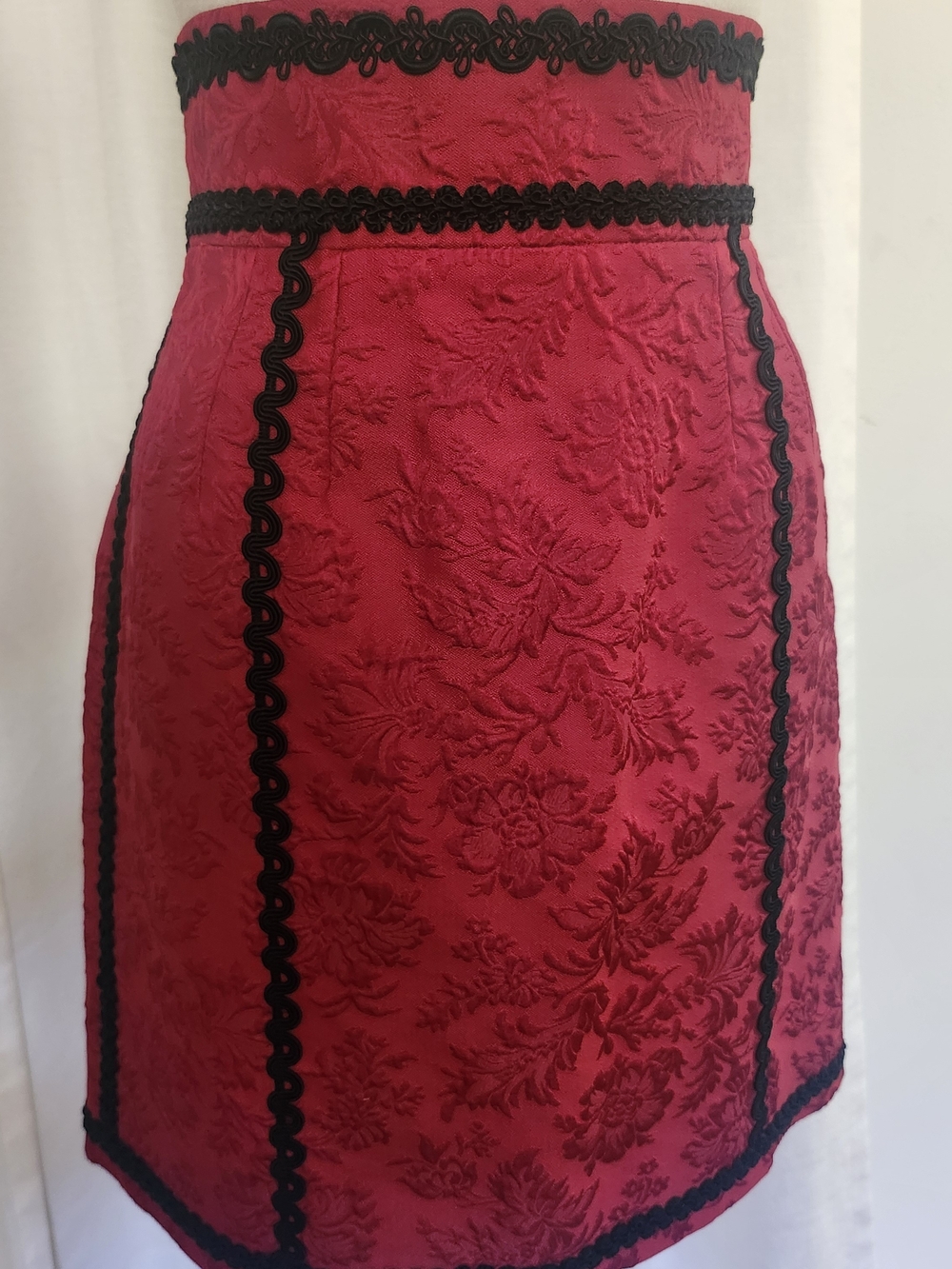 Dolce & Gabbana Black BNWT Red Damask And Black Ric Rac Trim